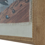 Close-up of the beaded brown frame corner on Hill Interiors Sandpipers wall art, showing the linen-effect print, glass front and textured wooden edge.