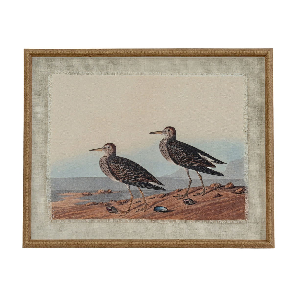 Hill Interiors Sandpipers on Linen Wall Art showing two shorebirds on a shoreline, set on textured linen within a beaded brown frame.