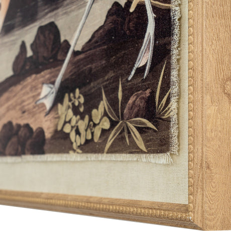 Close-up corner detail of Hill Interiors Avocet on Linen framed wall art, showing the beaded brown frame, linen ground and printed foliage.