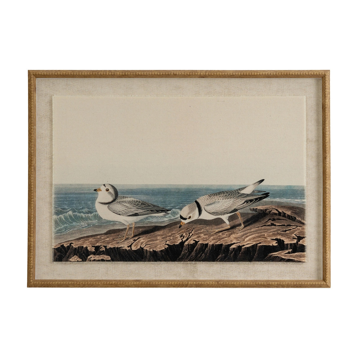Hill Interiors Plovers on Linen wall art in landscape format, showing two wading birds on a rocky shore, set on linen behind glass in a beaded brown frame.
