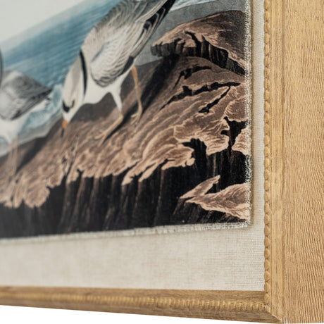 Close-up corner detail of Hill Interiors Plovers wall art showing the beaded wooden frame, linen mount and printed plover illustration behind glass.