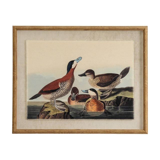 Hill Interiors Ducks on Linen Print in a beaded wooden frame, showing four brown ducks by water behind glass on a linen-look ground.