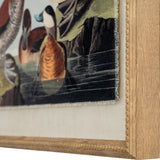 Close-up of Hill Interiors Ducks on Linen Print showing painterly ducks on water behind clear glass, edged by a beaded brown wood frame.