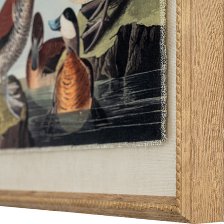 Close-up of Hill Interiors Ducks on Linen Print showing painterly ducks on water behind clear glass, edged by a beaded brown wood frame.