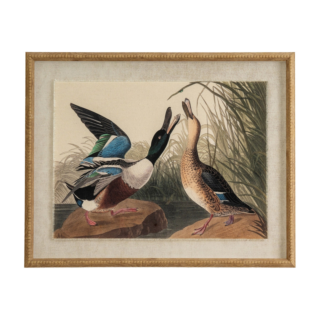 Hill Interiors Mallards on Linen Print in a beaded brown frame, showing two ducks among reeds on a linen-textured background behind glass.