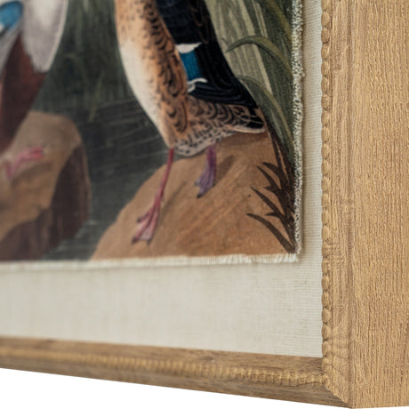 Close-up of the Hill Interiors Mallards on Linen Print showing the beaded brown wooden frame edge and detailed duck plumage against a linen-textured background.