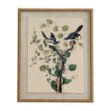 Hill Interiors Shrikes on Linen framed wall art in portrait format, showing two birds among leafy vines on linen, set in a brown beaded frame.
