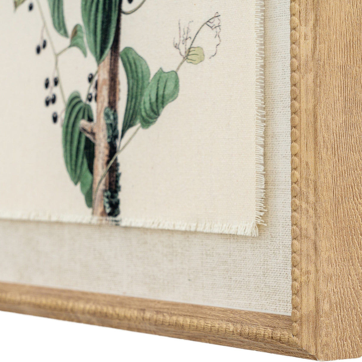 Close-up of Hill Interiors Shrikes on Linen framed wall art corner, showing botanical print with green leaves and dark berries within a beaded brown frame.