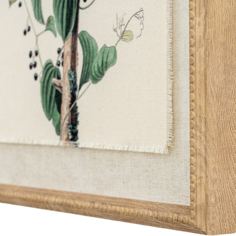 Close-up of Hill Interiors Shrikes on Linen framed wall art corner, showing botanical print with green leaves and dark berries within a beaded brown frame.