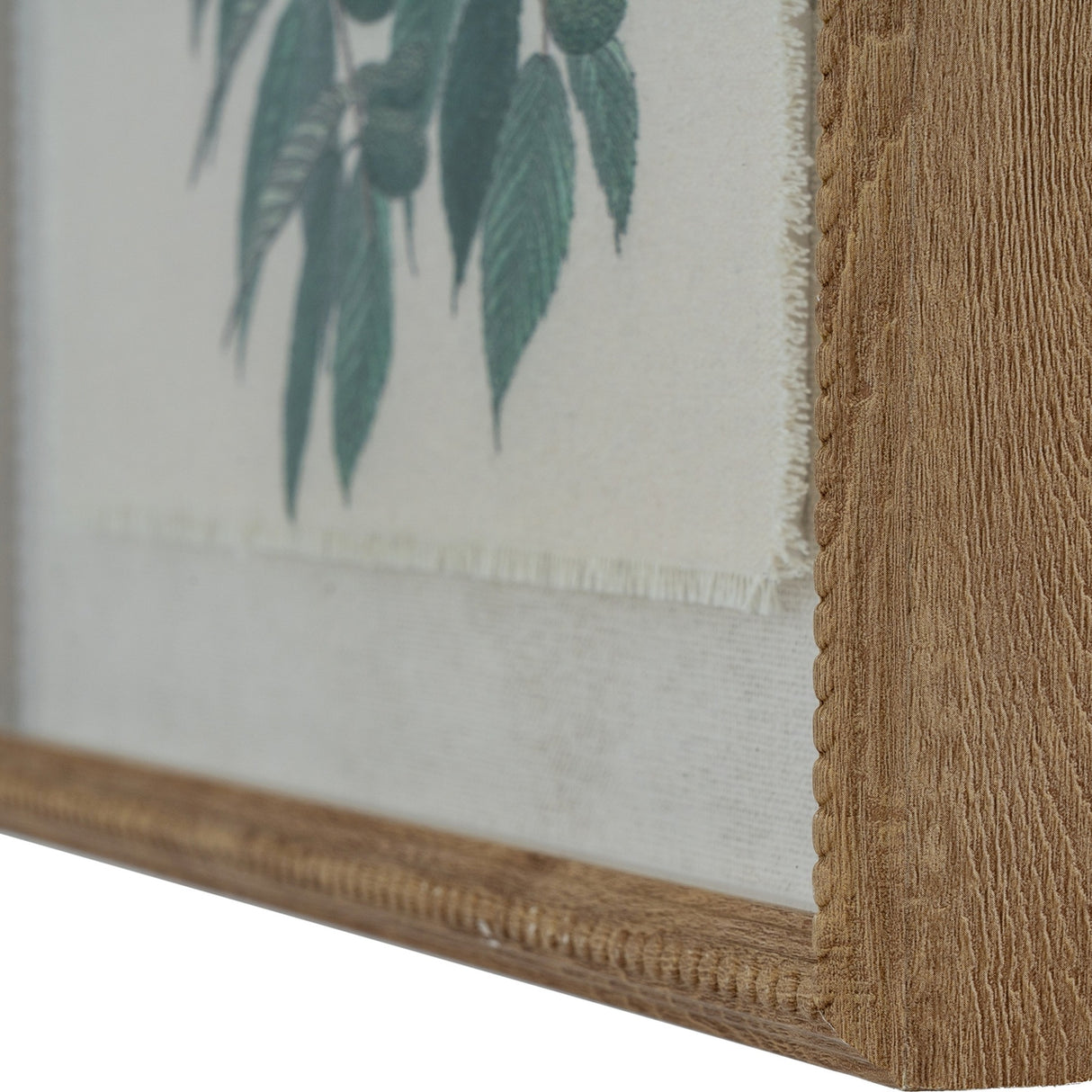 Close-up of the Hill Interiors Warbler Birds wall art corner showing the brown beaded wooden frame, glass front and linen-look print with green foliage detail.