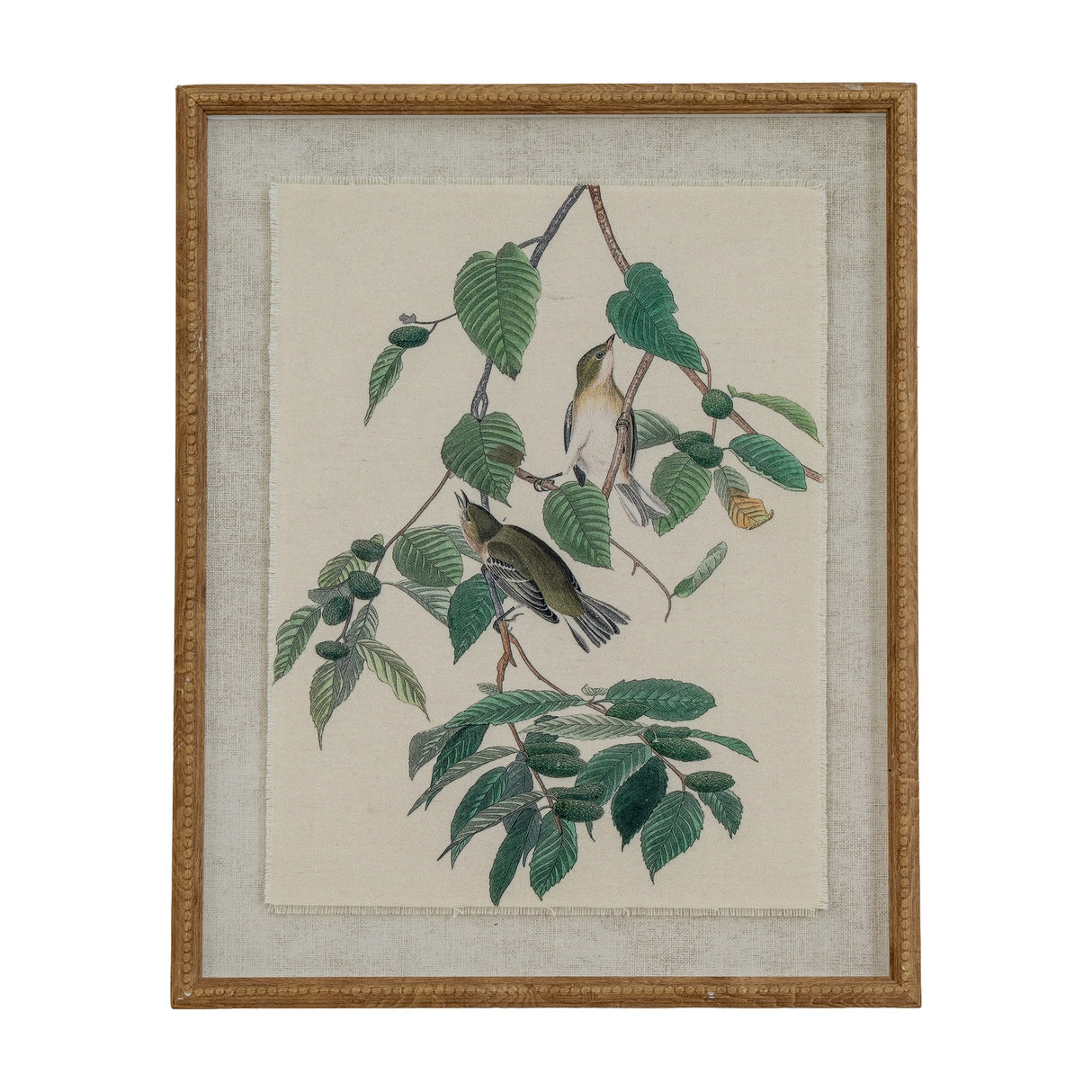 Hill Interiors Warbler Birds wall art with two birds on leafy branches printed on linen, set behind glass in a brown beaded portrait frame.