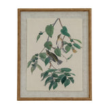 Hill Interiors Warbler Birds wall art with two birds on leafy branches printed on linen, set behind glass in a brown beaded portrait frame.