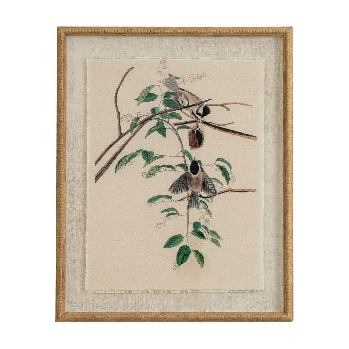 Hill Interiors Chickadees On Linen wall art in portrait format, printed with brown-toned birds on foliage, set behind glass in a beaded wooden frame.
