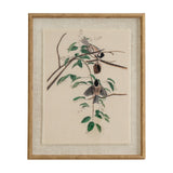 Hill Interiors Chickadees On Linen wall art in portrait format, printed with brown-toned birds on foliage, set behind glass in a beaded wooden frame.