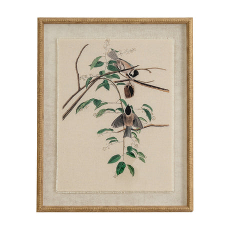 Hill Interiors Chickadees On Linen wall art in portrait format, printed with brown-toned birds on foliage, set behind glass in a beaded wooden frame.