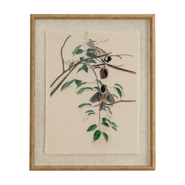 Hill Interiors Chickadees On Linen wall art in portrait format, printed with brown-toned birds on foliage, set behind glass in a beaded wooden frame.
