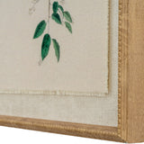 Close-up corner detail of Hill Interiors Chickadees On Linen wall art showing the beaded brown wood frame edging a linen print with green leaves.