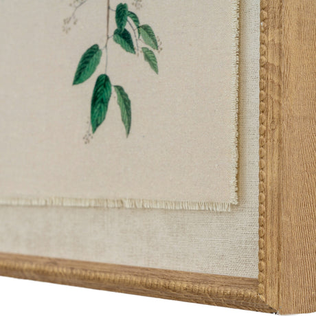 Close-up corner detail of Hill Interiors Chickadees On Linen wall art showing the beaded brown wood frame edging a linen print with green leaves.