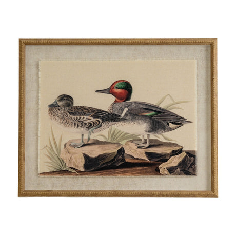 Hill Interiors Flora & Fauna print on linen showing two ducks on rocks, one with a green and chestnut head, set in a beaded brown frame.