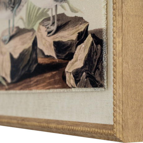 Close-up corner detail of Hill Interiors Flora & Fauna print on linen, showing the botanical image with rocks and the beaded brown wooden frame.