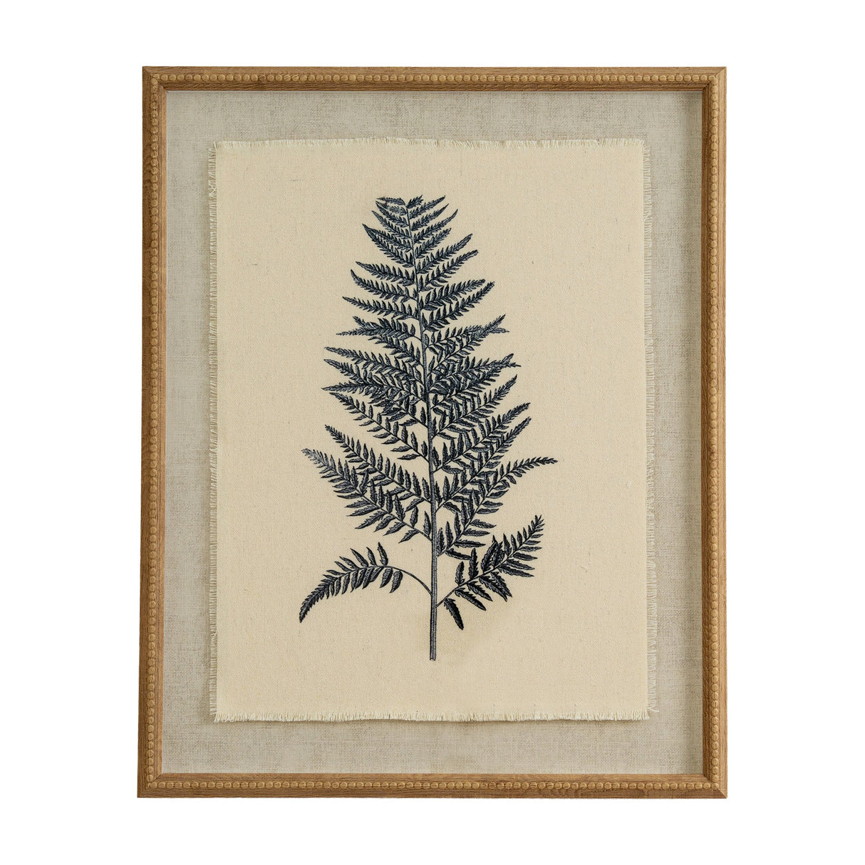 Hill Interiors Beech Fern botanical print on natural linen with frayed edges, set behind glass in a beaded wooden frame, portrait orientation.