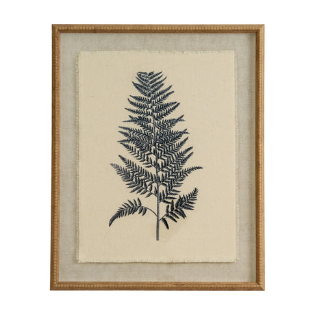 Hill Interiors Beech Fern botanical print on natural linen with frayed edges, set behind glass in a beaded wooden frame, portrait orientation.