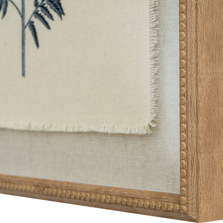 Close-up of the Hill Interiors Beech Fern Botanical Print showing the frayed linen edge, fern detail, and beaded wooden frame corner.