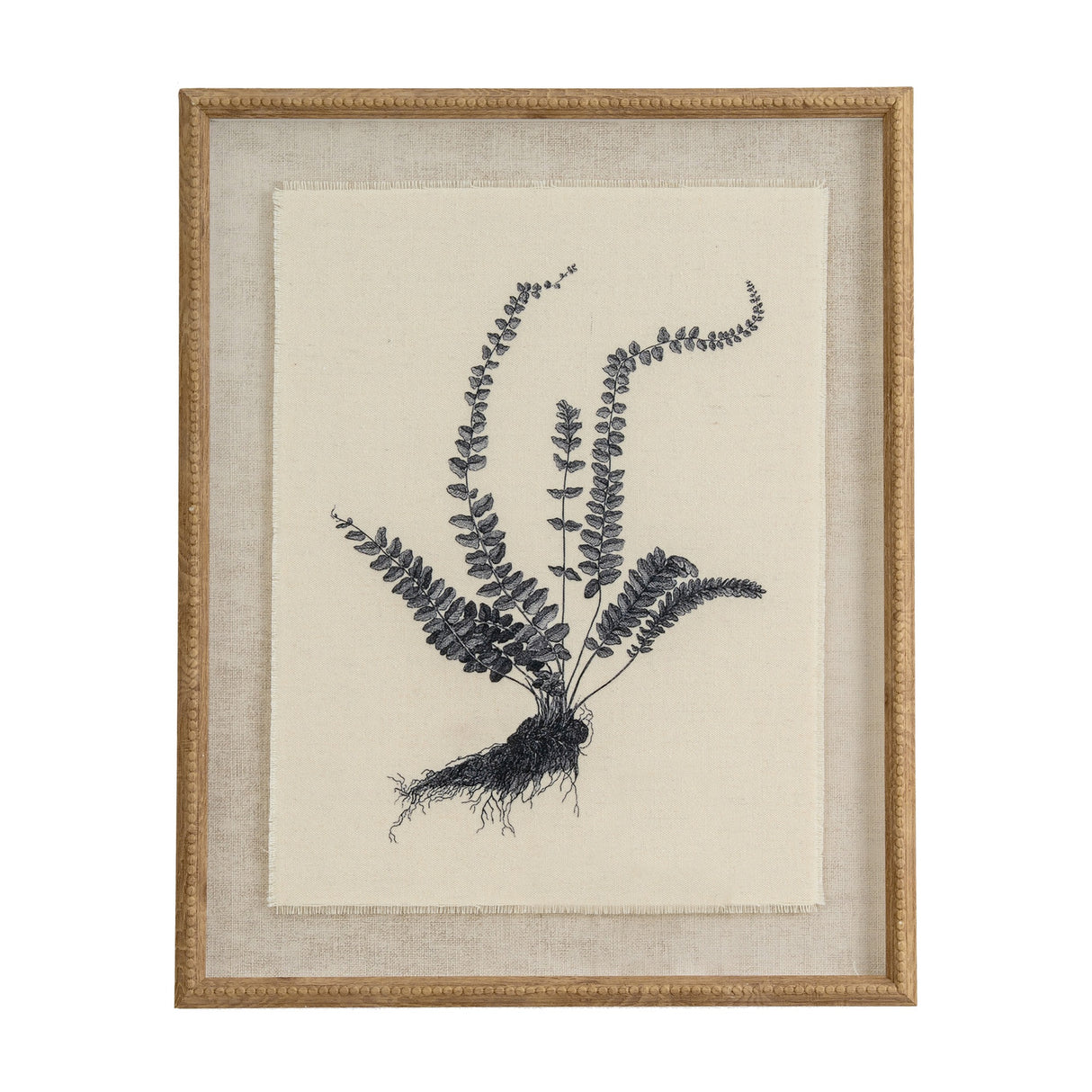 Hill Interiors Botanical Spleenwort print on linen, showing a black fern study with arching fronds and roots, set in a white beaded wooden frame.