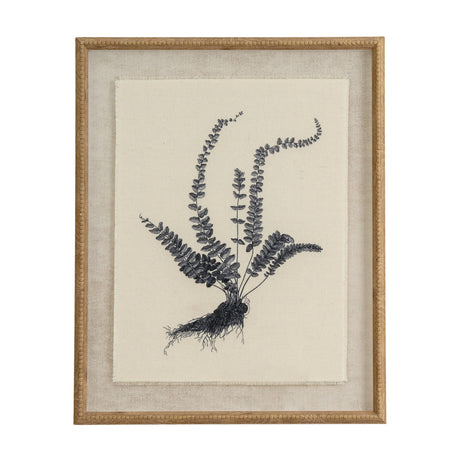 Hill Interiors Botanical Spleenwort print on linen, showing a black fern study with arching fronds and roots, set in a white beaded wooden frame.