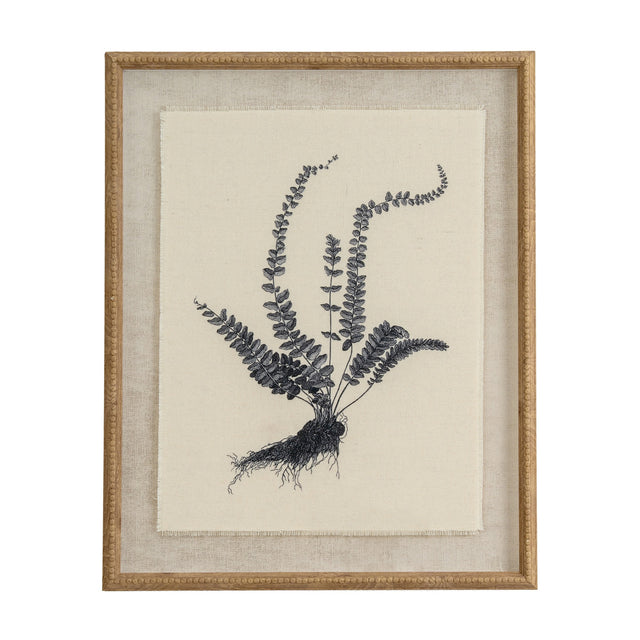Hill Interiors Botanical Spleenwort print on linen, showing a black fern study with arching fronds and roots, set in a white beaded wooden frame.