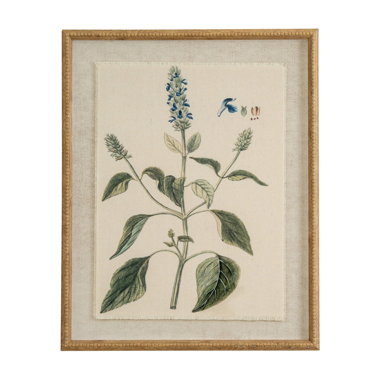 Hill Interiors Salvia on Linen botanical print with blue flowers and green leaves, set behind glass in a beaded brown wooden frame.