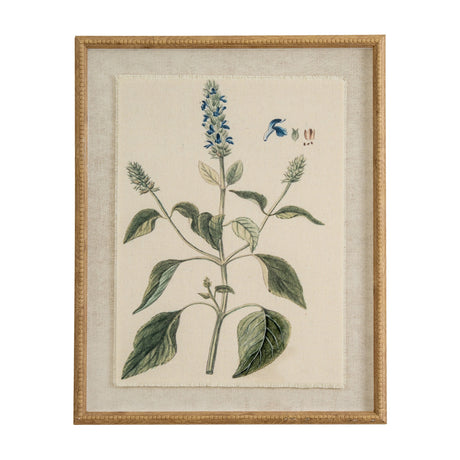 Hill Interiors Salvia on Linen botanical print with blue flowers and green leaves, set behind glass in a beaded brown wooden frame.