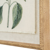 Close-up of the Hill Interiors Salvia on Linen Botanical Print, showing green leaf detail on linen-textured canvas within a beaded brown wooden frame.