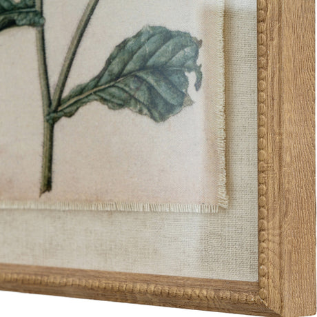Close-up of Hill Interiors Borage on Linen Botanical Print showing the frayed linen edge, green leaf detail, and brown beaded wooden frame.