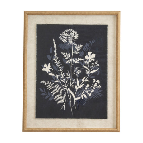 Hill Interiors Meadow on Linen portrait print with white fern and wildflower silhouettes on dark navy linen, set in a beaded wood frame.