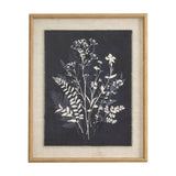 Hill Interiors Grove Botanical Print on linen with white wildflower and fern silhouettes on dark ground, set in a beaded light wood frame.