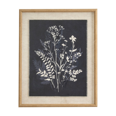Hill Interiors Grove Botanical Print on linen with white wildflower and fern silhouettes on dark ground, set in a beaded light wood frame.