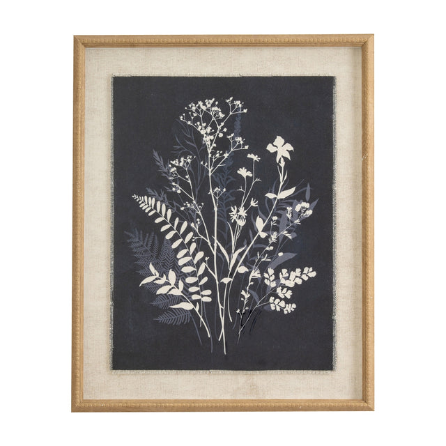 Hill Interiors Grove Botanical Print on linen with white wildflower and fern silhouettes on dark ground, set in a beaded light wood frame.