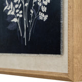 Close-up corner detail of Hill Interiors Grove Botanical Print showing white foliage on dark linen within a white beaded wooden frame.