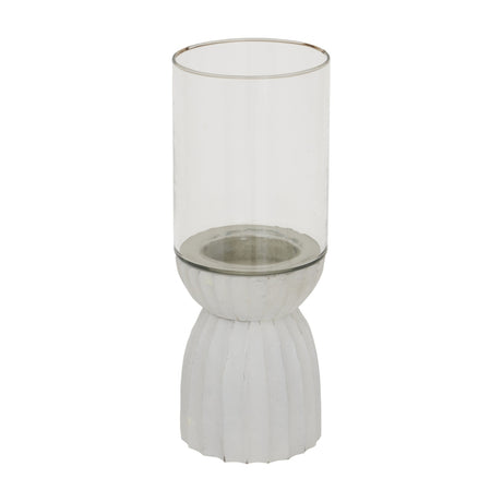 Hill Interiors White Hurricane Lantern with a tall clear glass cylinder set on a ribbed white wooden pedestal base, shown on a plain white background.