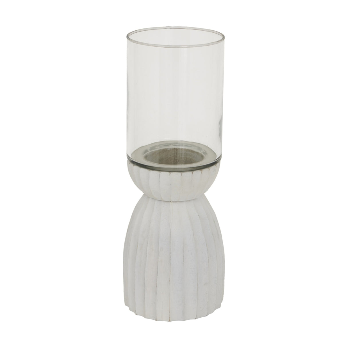 Hill Interiors Large White Hurricane Lantern with a clear glass storm shade on a ribbed, sculpted white wooden base, shown against a plain background.