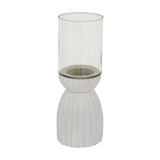 Hill Interiors Large White Hurricane Lantern with a clear glass storm shade on a ribbed, sculpted white wooden base, shown against a plain background.