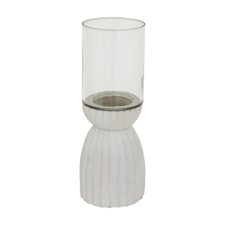 Hill Interiors Large White Hurricane Lantern with a clear glass storm shade on a ribbed, sculpted white wooden base, shown against a plain background.
