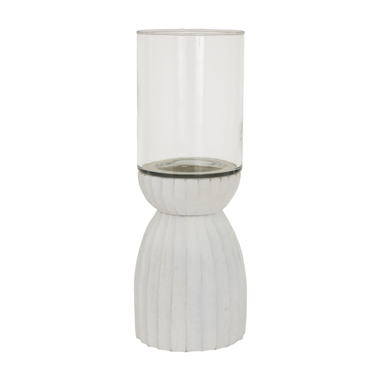 Hill Interiors Large White Hurricane Lantern with clear glass storm shade on a ribbed white wooden base, shown against a plain white background.