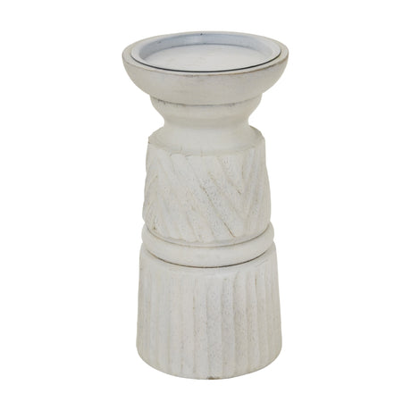 Hill Interiors White Wooden Candle Holder with turned pillar shape, carved diagonal and fluted detailing, and painted white finish, on a plain background.