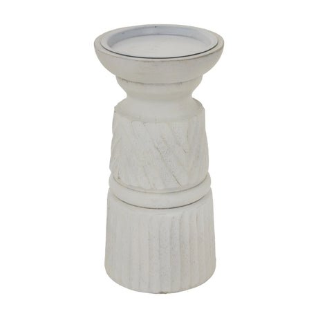 Hill Interiors white wooden candle holder with turned pillar shape, carved diagonal and ribbed detailing, and a wide dish top on a plain background.
