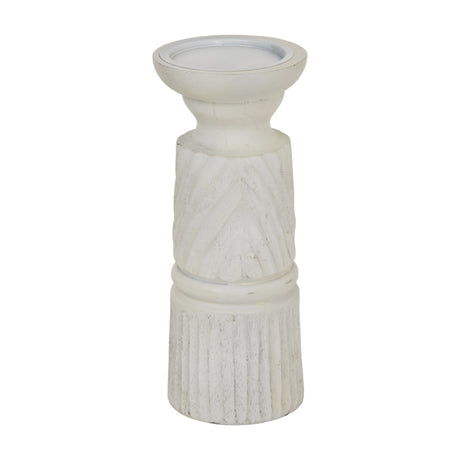Hill Interiors medium white wooden candle holder with carved leaf and fluted detailing and a round pillar dish, shown on a plain white background.