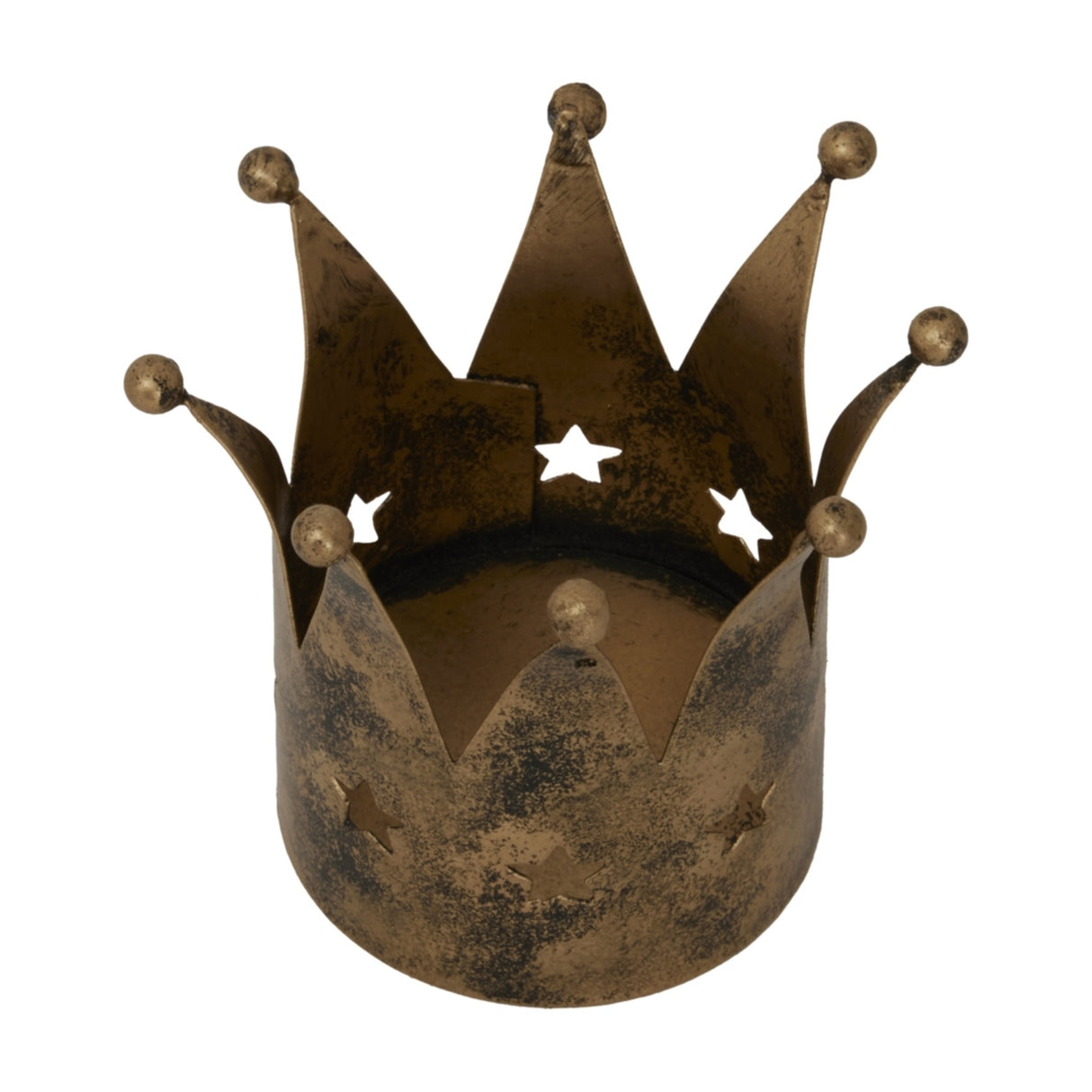 Hill Interiors antique gold crown tealight holder in aged metal with pointed tips, ball finials and small star cut-outs, on a plain white background.