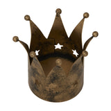 Hill Interiors antique gold crown tealight holder in aged metal with pointed tips, ball finials and small star cut-outs, on a plain white background.