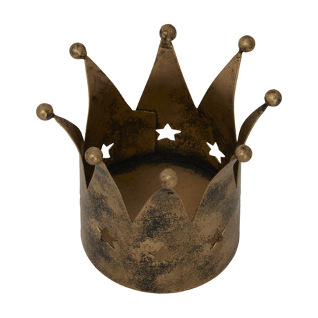 Hill Interiors antique gold crown tealight holder in aged metal with pointed tips, ball finials and small star cut-outs, on a plain white background.